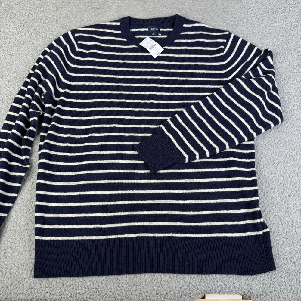 J CREW Sweater Men XL Navy Cream Striped Lambswool Blend Crew Neck Knit Pullover
